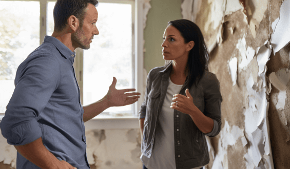 An insurance adjuster and homeowner having a tense discussion in a room with walls ripped open, showing water-stained insulation